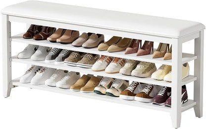 Shoe Rack Bench Entryway Storage with Leather Cushion, Shoe Organizer Bench for Entryway, Ideal for Front Doors Entrances Hallway Mudroom Featuring Rubberwood And 3 Height-Adjustable Removable Shelve