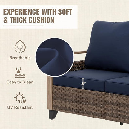 Modern Wicker Patio Sofa, Rattan Outdoor Couch for Small Balcony, 3 Seat Couch Furniture Set for Garden Deck Backyard, Brown/Blue