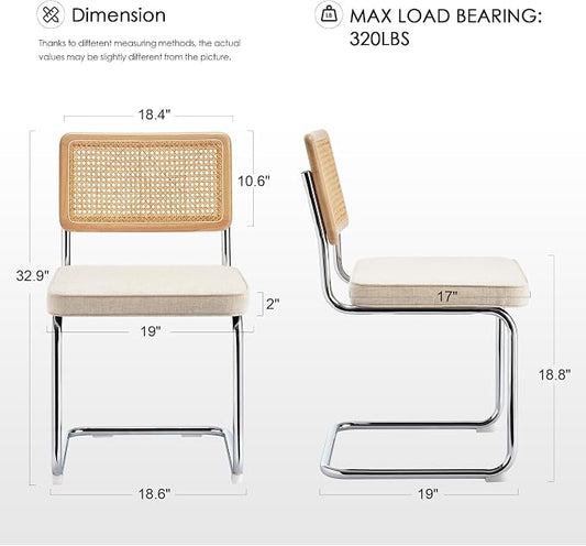 Zesthouse Natural Rattan Dining Chairs Set of 6, Mid Century Cane Dining Room Chairs with Solid Wood Back & Chrome Base for Kitchen, Breuer Design Inspired, Upholstered Linen Fabric, Beige