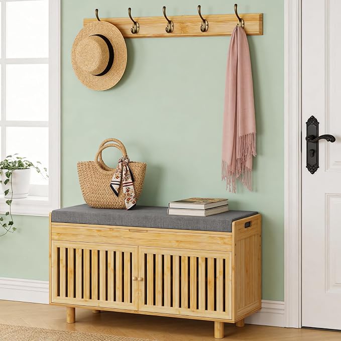 Shoe Storage Bench Coat Rack Set, 35.4" Bamboo Shoes Bench with Lift Top Hidden Storage & Wall Hooks, Hall Tree Entryway Bench with Seat Cushion, 2-Tier Shoe Cabinet for Entryway, Living Room, Bedroom