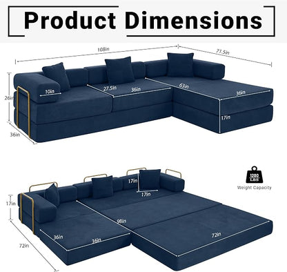ivoros 108" Oversized Convertible Sleeper Sofa Bed, Corduroy L Shape Sectional Couch, Folding Sofa Bed with Fixed-Shape Frame, Modern Cloud Floor Mattress Couch, Modular Sofa for Living Room, Blue