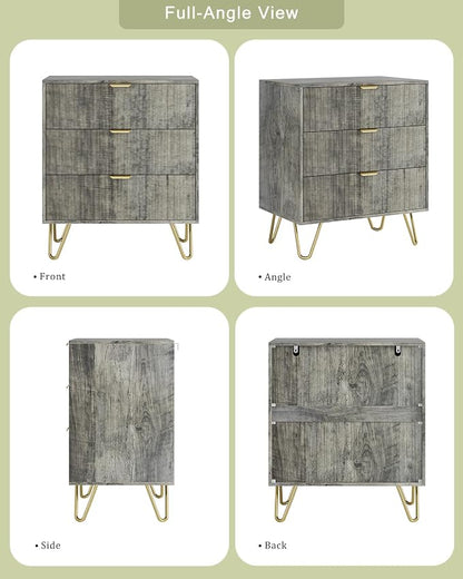 Grey Dresser for Bedroom, Modern Fluted 3 Drawer Dresser with Storage, Dresser Chest of Drawers with Gold Handles for Bedroom, Living Room, Closet, Hallway, 15.8" D x 23.6" W x 27.6" H