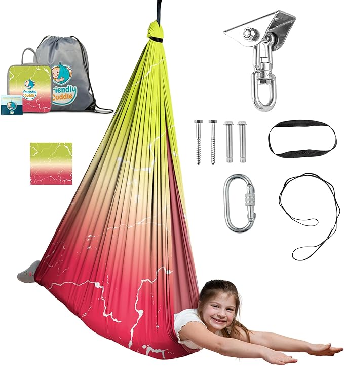Indoor Sensory Swing for Kids or Outdoor – Holds 300lbs, Double-Layer, & 360° Swivel, Calming Compression Therapy Swing Hammock for Kids & Adults with All Hardware – Sensory-Motor Toys & Gifts
