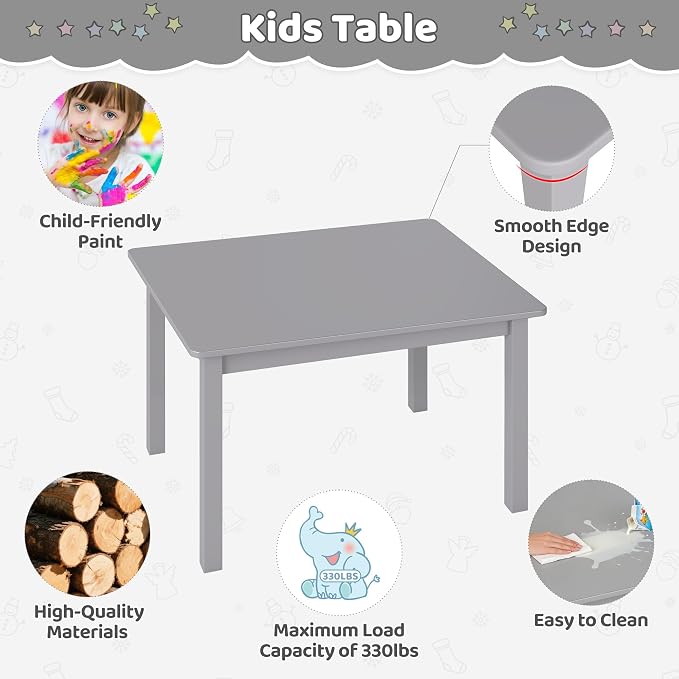 DOREROOM Wooden Kids Table and 4 Chairs, Multi-Activity Toddler Table and Chairs Set, Kids Table and Chairs Set for Arts, Crafts and Snack Time, Toddler Activity Table and Chairs for Age 3-8 (Gray)