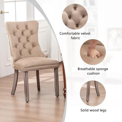 Hixkol Velvet Dining Chairs Set of 4,Upholstered Dining Chairs with Ring Pull Trim and Button Back,Modern Seating for Kitchen, Bedroom & Living Room(Khaki)