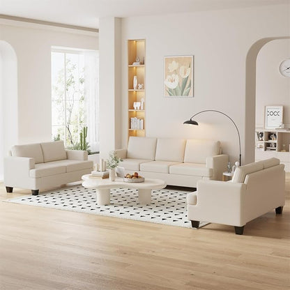 Furnimart Sectional Couches for Living Room, Modern 2 Loveseats and 3 Seater Couch, CreamDeep Seat Sofa Set, Beige Linen Sectional Sofa, Comfy Fluffy Couch with Removable Sofa Cover
