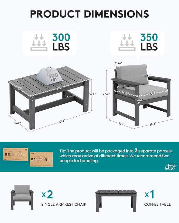 SERWALL 3 Pieces HDPE Outdoor Bistro Sofa Set with Cushions, All Weather Use Adirondack Single Armchair Set of 2 with Side Table, Grey Frame with Grey Cushions