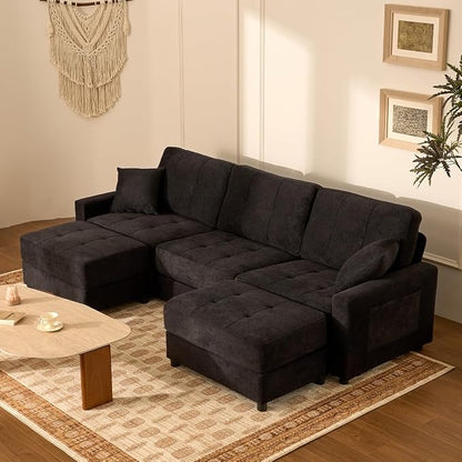 112" U Shaped Modular Cloud Sectional Couch, Waffle Fabric, Black | Modular Deep Seat Sofa, Movable Ottoman, Pocket Spring Cushions, 2-Box Delivery, Living Room Lounge Use, Not Boneless