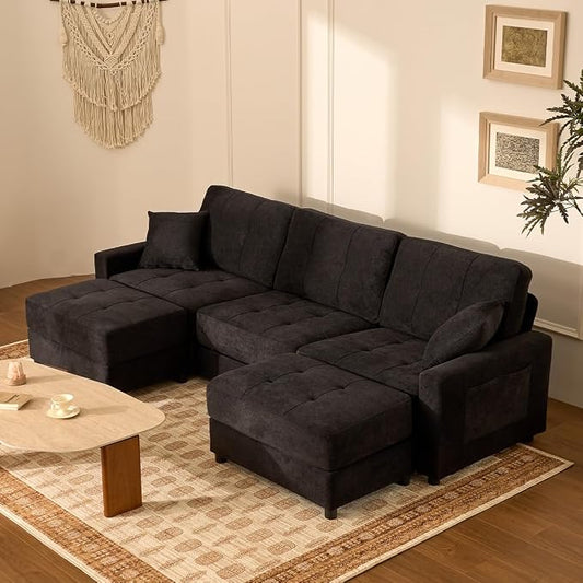 112" U Shaped Modular Cloud Sectional Couch, Waffle Fabric, Black | Modular Deep Seat Sofa, Movable Ottoman, Pocket Spring Cushions, 2-Box Delivery, Living Room Lounge Use, Not Boneless