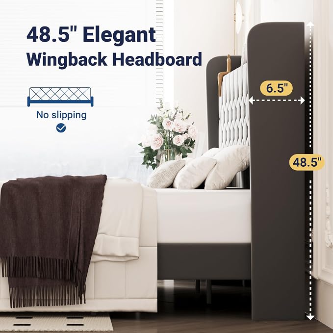 Allewie King Size Bed Frame, Storage Headboard with Charging Station, Wingback Velvet Upholstered, Diamond Stitched Button Tufted, Sturdy Wooden Slats, No Box Spring Needed, Easy Assembly, Grey