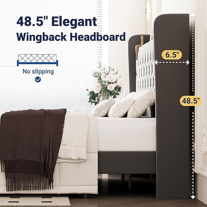 Allewie King Size Bed Frame, Storage Headboard with Charging Station, Wingback Velvet Upholstered, Diamond Stitched Button Tufted, Sturdy Wooden Slats, No Box Spring Needed, Easy Assembly, Grey