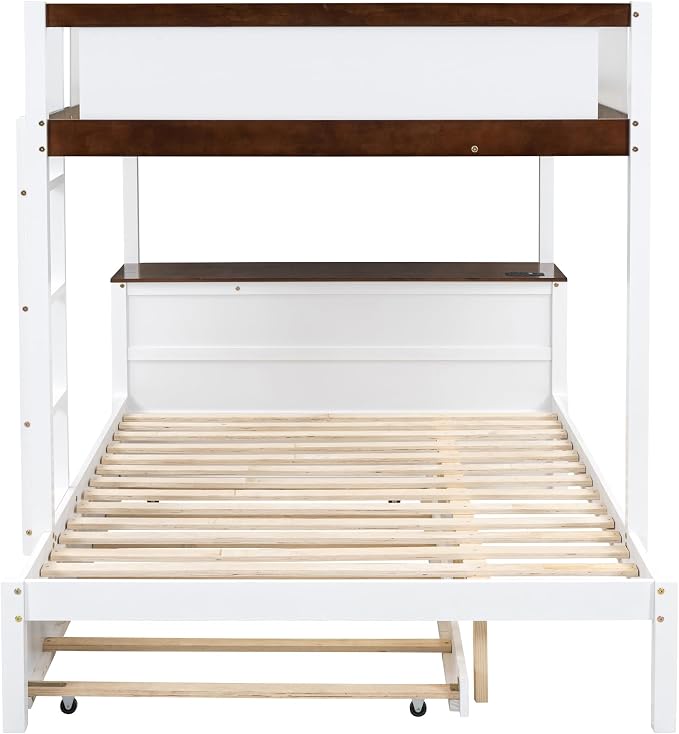 Ball & Cast Full-Over-Full Bunk Bed with Twin Size Trundle,Solid Wood Bedframe W/Desk & Drawers,USB,Space Saving,Easy Assembly,Multifunctional Bedroom Furniture Set for Boys Girls Teens,White+Walnut