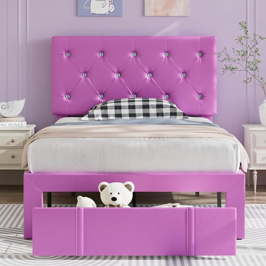 VECELO Twin Size Bed Frame with Storage Drawers, Leather Upholstered with Diamond Tufted Headboard, Solid Wood Slat Support, No Box Spring Needed, PU & Purple