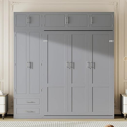 Murphy Bed Queen Size,Murphy Bed with Top Cabinet and Shelves,Space-Saving Multifunctional Hideaway Wall Foldable Bed w/Slat Support,Bedroom Folding Bedframe for Guest Room,Gray