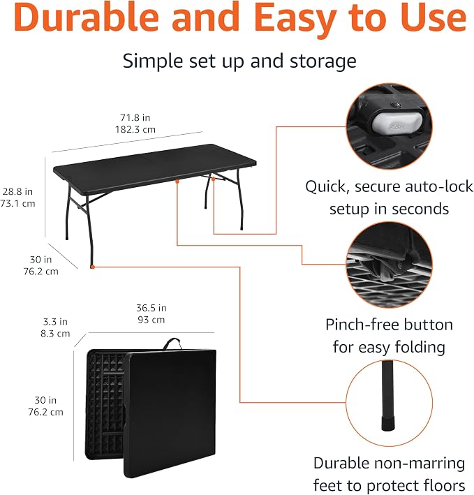 Amazon Basics Heavy Duty Portable Folding Table, 6 ft, Indoor & Outdoor, Fold-in-Half Design with Carrying Handle, for Events, Easy Folding and Storage, Black | Portable