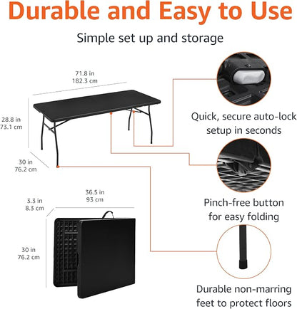 Amazon Basics Heavy Duty Portable Folding Table, 6 ft, Indoor & Outdoor, Fold-in-Half Design with Carrying Handle, for Events, Easy Folding and Storage, Black | Portable