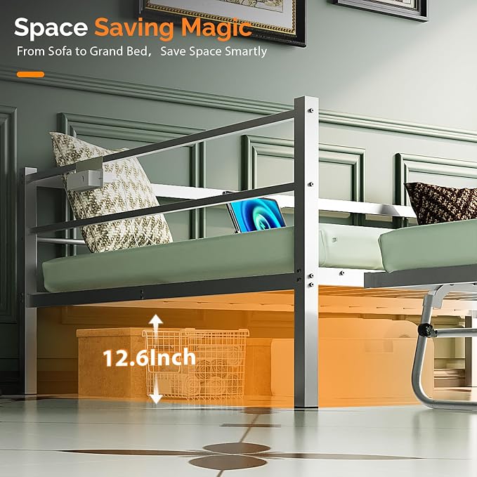 VINGLI White Full Daybed with Pop Up Trundle, Metal Sofa Day Bed Frame with LED Lights and Charging Station, Platform Bed with Trundle Bed Twin, Sturdy Steel Slats Support