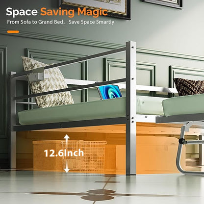 VINGLI White Full Daybed with Pop Up Trundle, Metal Sofa Day Bed Frame with LED Lights and Charging Station, Platform Bed with Trundle Bed Twin, Sturdy Steel Slats Support