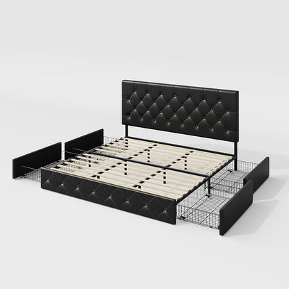 Allewie King Size Black Metal Faux Leather Platform Bed Frame with 4 Drawers