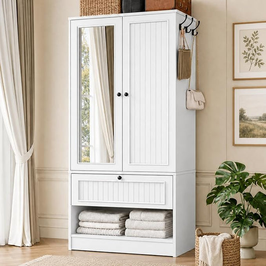 iPormis Wood Armoire Wardrobe Closet with Mirror Door and Drawer, 2 Doors Bedroom Storage Cabinet for Hanging Clothes, White