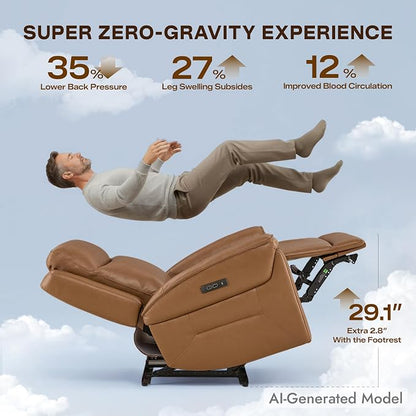 Watson & Whitely Super Zero Gravity Power Recliner Chair with Power Headrest, Genuine Leather Recliner with USB & Type-C Ports, Electric Reclining Sofa Chair for Living Room, Bedroom, Saddle Brown