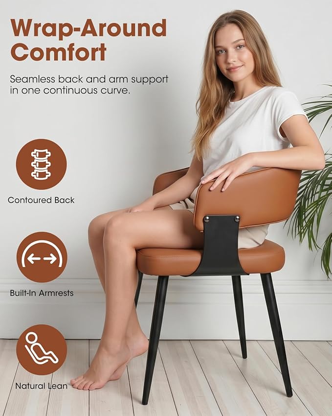 Dining Chairs Set of 2, Modern Upholstered PU Leather Kitchen & Dining Room Chairs with Curved Open Back Metal Legs, Kitchen Chairs for Dining Room Restaurant (Brown, Set of 2)