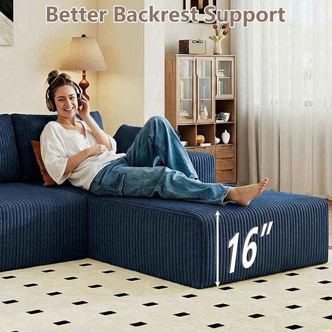 95" Cloud Sectional Couch with L-Shape Chaise, Modular Comfy Sofa Chaise Longue, Upholstered Corduroy Couches Sleeper with Deep Seat for Living Room Bedroom, No Assembly Required(Blue, Right Facing)