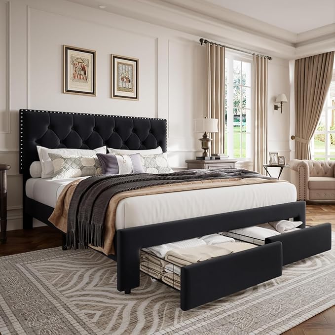 GarveeHome King Size Bed Frame with Storage Drawers — Velvet Upholstered Platform Bed with Vintage Headboard, Wooden Slat Support, Noise-Free, No Box Spring Needed, Black
