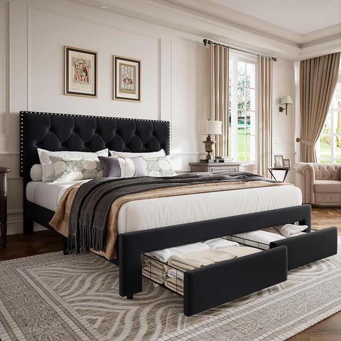 GarveeHome Queen Size Bed Frame with Storage Drawers — Velvet Upholstered Platform Bed with Vintage Headboard, Wooden Slat Support, Noise-Free, No Box Spring Needed, Black