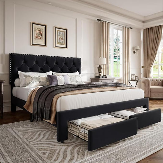 GarveeHome Queen Size Bed Frame with Storage Drawers — Velvet Upholstered Platform Bed with Vintage Headboard, Wooden Slat Support, Noise-Free, No Box Spring Needed, Black