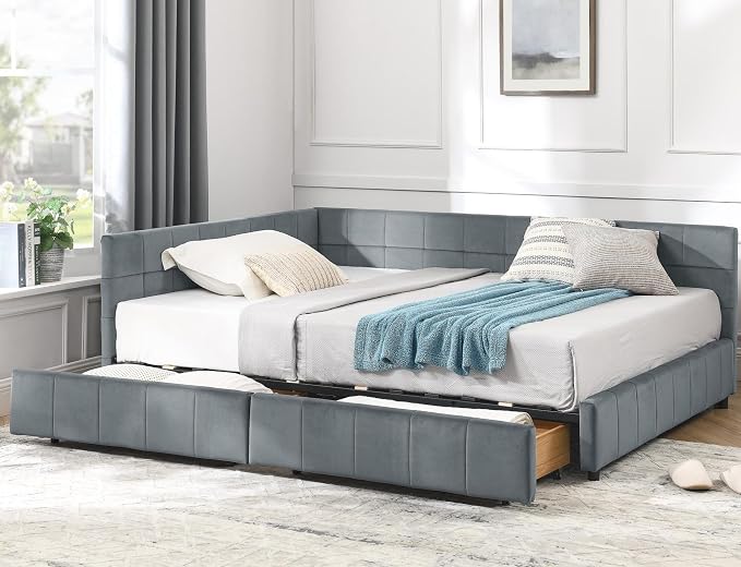 KEIKI Full Size L Shape Corner Bed Frames with 2 Storage Drawer, Backrest and Armrests, Velvet Upholstered Sofa Daybed for Small Room, Living Room, Bedroom, Guest Room, Kids' Room