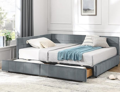 KEIKI Full Size L Shape Corner Bed Frames with 2 Storage Drawer, Backrest and Armrests, Velvet Upholstered Sofa Daybed for Small Room, Living Room, Bedroom, Guest Room, Kids' Room