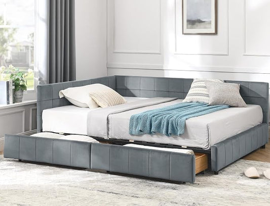 KEIKI Full Size L Shape Corner Bed Frames with 2 Storage Drawer, Backrest and Armrests, Velvet Upholstered Sofa Daybed for Small Room, Living Room, Bedroom, Guest Room, Kids' Room