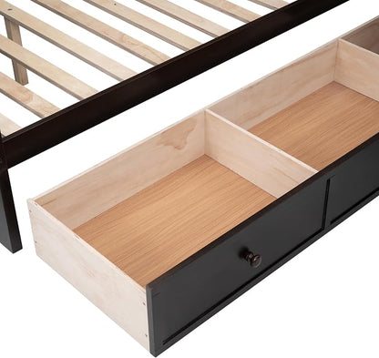 L-Shaped Bunk Bed for 4 Kids, Twin-Twin Over Full with 3 Drawers, Portable Desk and Wardrobe, Solid Wood Bedframe with Stairs and Full-Length Guardrails, No Box Spring Needed (Espresso)