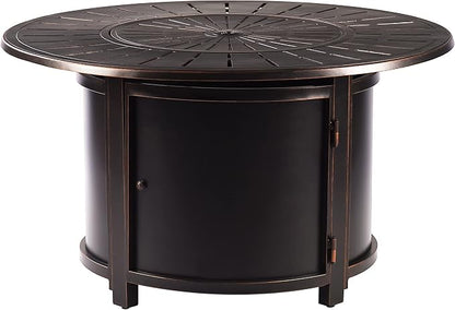 Oakland Living Aluminum 57,0000 BTU 44 in. Round Propane Black Fire Pit Table with Fire Beads, Lid, Propane Tank Cover and Table Fabric Covers in Copper Finish, (AZNOBU-FPT-AC)