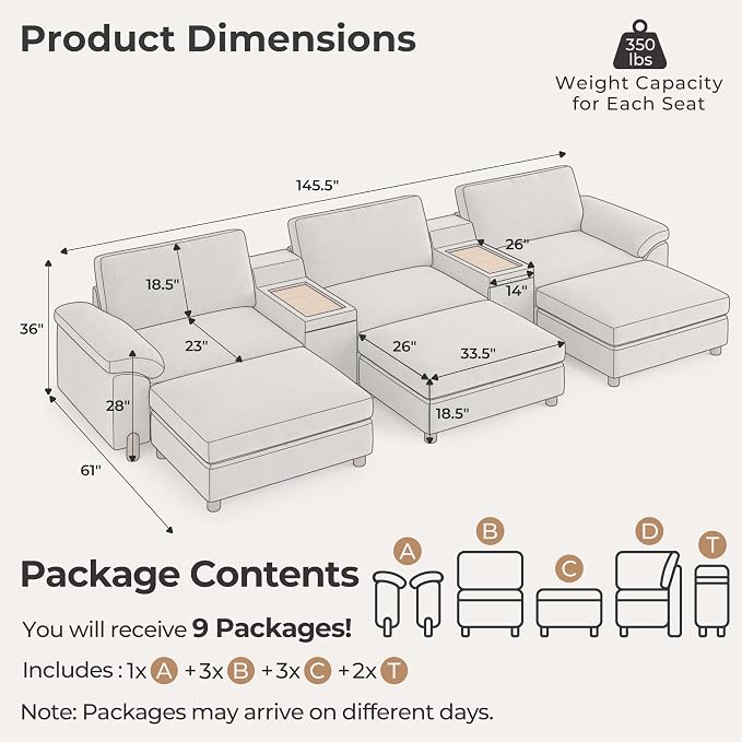 SITJOY Large Cloud Couch, 146" Wide 3 Seater Bed with Console, Light Gray | Detachable and Washable Chenille Cover Sectional Sofas for Living Room, Deep Seat Wide Couch with Chaise, Storage Ottoman