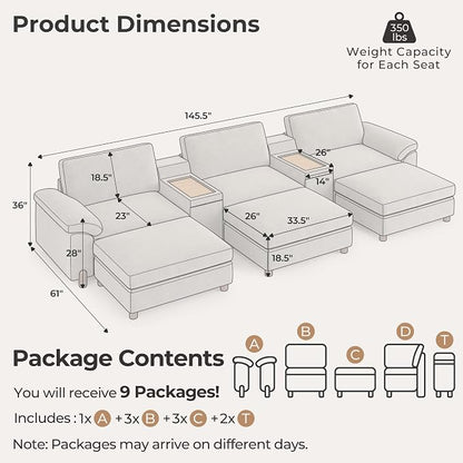 SITJOY Large Cloud Couch, 146" Wide 3 Seater Bed with Console, Light Gray | Detachable and Washable Chenille Cover Sectional Sofas for Living Room, Deep Seat Wide Couch with Chaise, Storage Ottoman