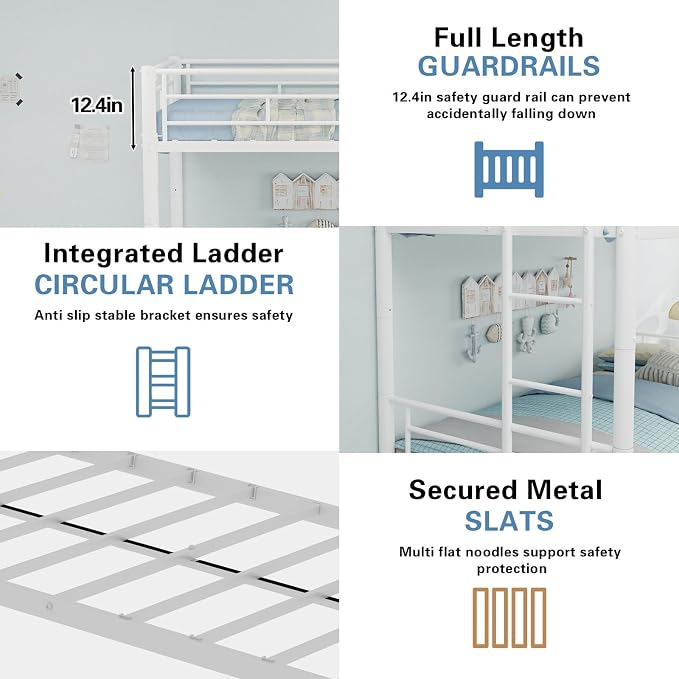 Metal Bunk Bed with Trundle, Space-Saving Bunk Bed Twin Over Twin with Ladders and Safety Guardrail, Heavy Duty Twin Bed Frames, No Box Spring Needed and Noise Free(White)