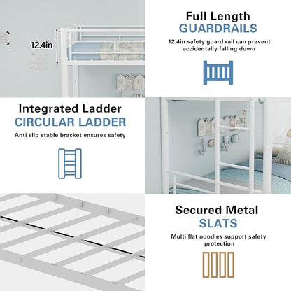 Metal Bunk Bed with Trundle, Space-Saving Bunk Bed Twin Over Twin with Ladders and Safety Guardrail, Heavy Duty Twin Bed Frames, No Box Spring Needed and Noise Free(White)