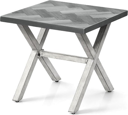 Never-Rust Aluminum Outdoor Side Table, Anti-Rust Outside Patio Side Table with Resin Tabletop, Modern Weather-Resistant Square Patio End Table for Yard, Garden, Poolside, White Oak