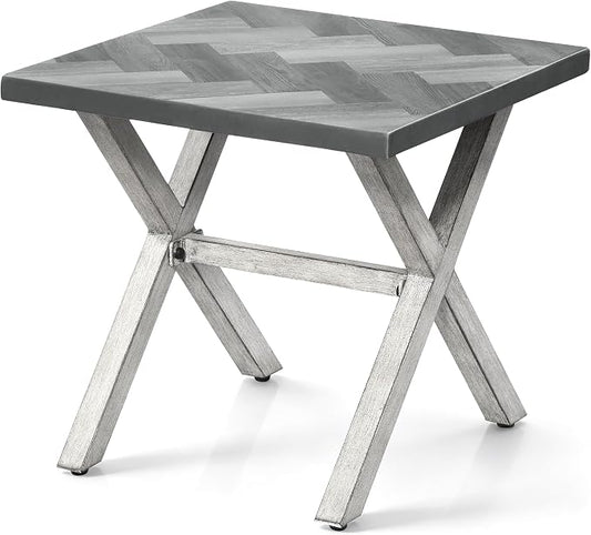 Never-Rust Aluminum Outdoor Side Table, Anti-Rust Outside Patio Side Table with Resin Tabletop, Modern Weather-Resistant Square Patio End Table for Yard, Garden, Poolside, White Oak