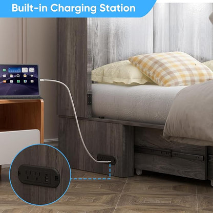 Mjkone Full Size Murphy Bed Cabinet with 5” Tri-Folding Foam Mattress, Foldable Convertible Chest Cabinet Wall Bed with Drawers & USB Charging Station for Small Spaces, Guest Room, Studio, Grey