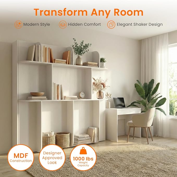 CECER Horizontal Murphy Bed Queen，Save Space for Offices/Guest-White | Multi-Functional Queen Murphy Cabinet Beds with Storage Shelf/Bookshelf，Sturdy frame ＆ Easy Assemble