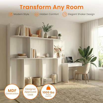 CECER Horizontal Murphy Bed Queen，Save Space for Offices/Guest-White | Multi-Functional Queen Murphy Cabinet Beds with Storage Shelf/Bookshelf，Sturdy frame ＆ Easy Assemble