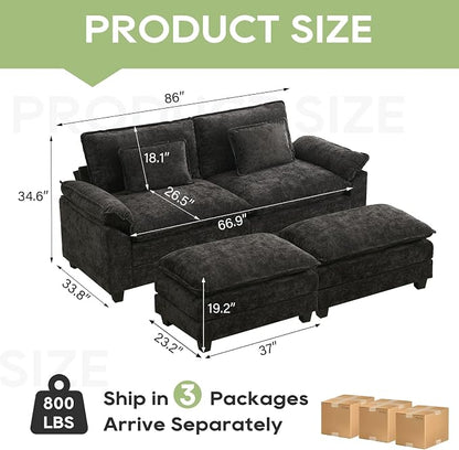 Oprisen 86" Modular Sectional Sofa, Comfy Cloud Couch Sectional Sofa with Ottoman, Chenille Sofa Sleeper Deep Seat Sofa with Throw Pillows for Living Room (Black)
