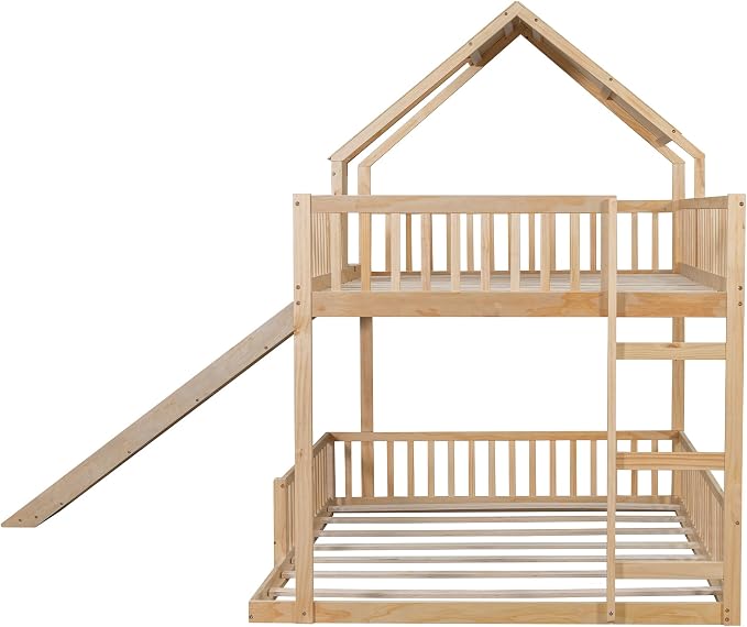 SOFTSEA House Bunk Bed with Slide, Full XL Over Queen Wood Floor Bunk Bed Frame with Roof, Guardrails and Ladder, Space-Saving, Natural