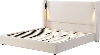 Christopher Knight Home Hazel 45.70"H California King Bed Frames, Linen Upholstered Cal King Bed Frame, Slats Panel Support, No Spring Box Needed, Wingback Headboard with Reading Lamps and USB, Beige