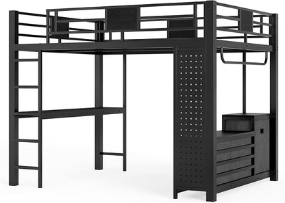 Bellemave Queen Size Loft Bed with Desk and Storage Pegboard, Queen Loft Bed Frame with Storage Drawers, Laundry Hamper and Clothes Hanging Rod, Adults Loft Beds Nosie-Free, Black