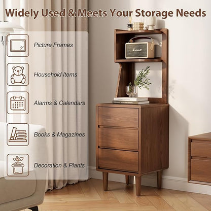 Solid Wood Bookshelf with Drawers,Narrow bookcase with Storage Shelves,Tall Nightstand with Drawers,Mid Century Modern Nightstand,Open Shelf Bookcase,Small Book Shelf for Bedroom,Living Room,Offices