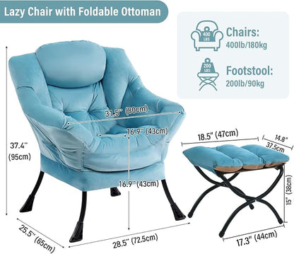 Furlide Lazy Chair with Ottoman, Modern Accent Chairs with Folding Footrest, Velvet Light Blue Sofa Chair Set, Reading Chairs, Oversized Armchairs for Bedroom, Study, Living Room, Courtyard